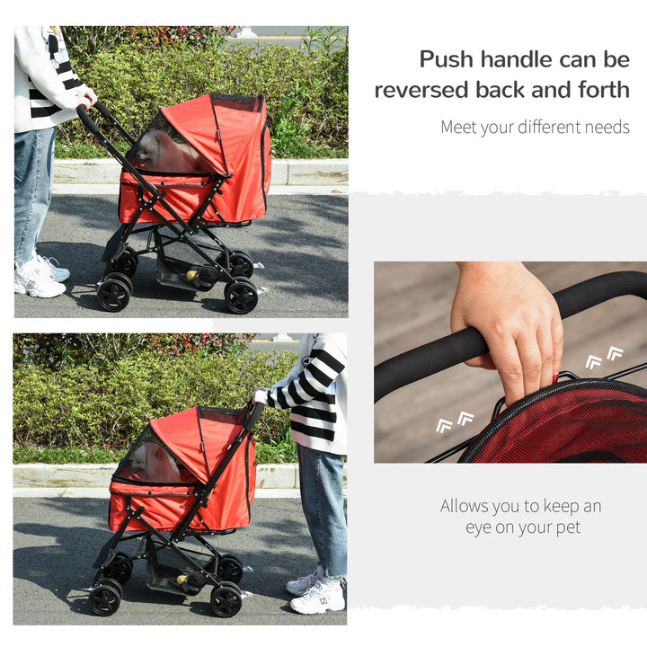 PawHut Pet Stroller Dog Travel Pushchair Foldable Jogger with Reversible Handle EVA Wheel Brake Basket Adjustable Canopy Safety Leash Red | Aosom UK