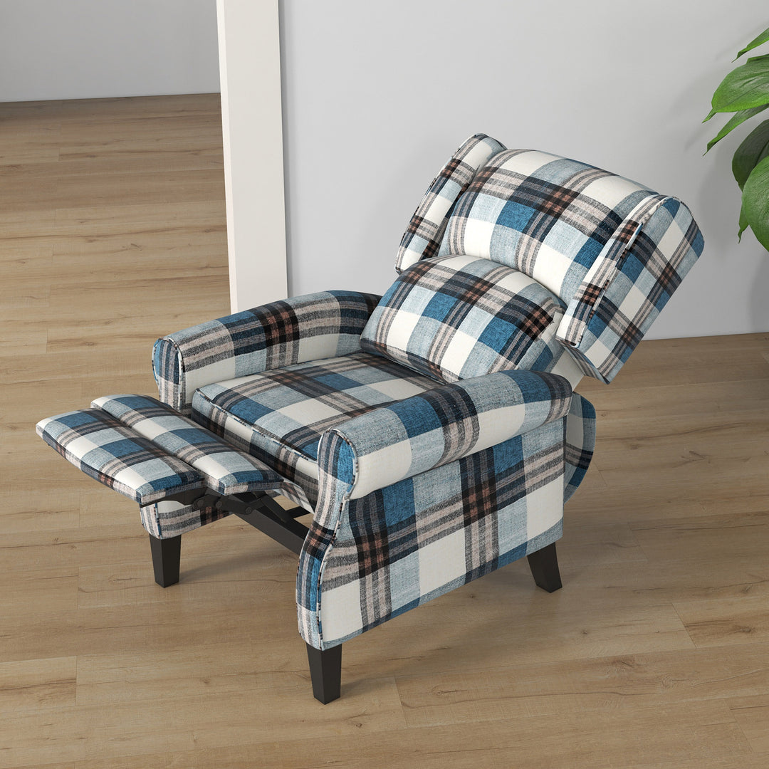 HOMCOM Wingback Reclining Chair Push Back Recliner Armchair for Living Room Bedroom with Footrest Armrests Wood Legs Blue