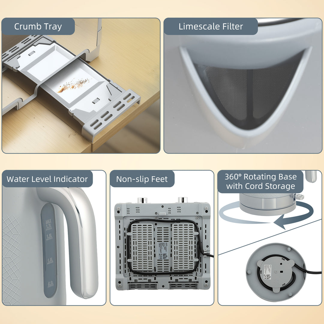 MCL Sleek Textured Kettle and Four-Slice Toaster Set - Grey