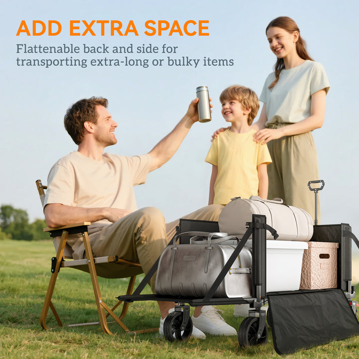 Festival Trolley on Wheels, 150L Folding Camping Trolley Cart with Openable Sides, Adjustable Handle and Brakes for Shopping Beach Garden Fishing, Black
