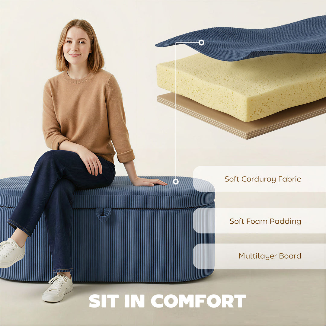 Storage Ottoman, Corduroy Upholstered Ottoman Storage Box with Padded 