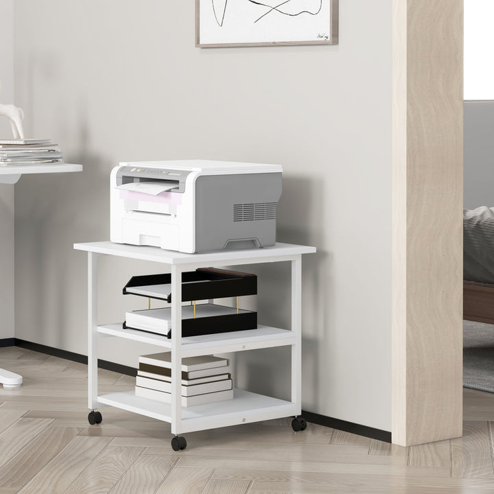 HOMCOM 3-Tier Printer Stand w/ Storage Shelf, Mobile Printer Table on Wheels, 50 x 50 x 52.5cm Rolling Printer Cart for Home Office, White | Aosom UK