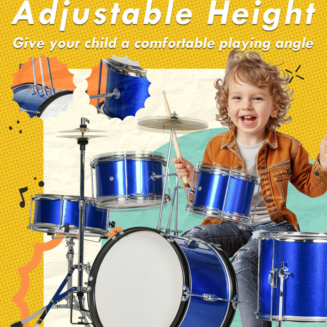 AIYAPLAY 11 Piece Kids Drum Kit w/ Stool, Drumsticks, Pedal, Cymbals, for 3-6 Years, Blue