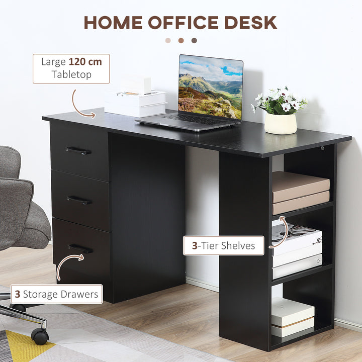 Computer Desk, Writing Table, PC Workstation with 3 Storage Shelves and Drawers, Black Handle, for Home Office, Black