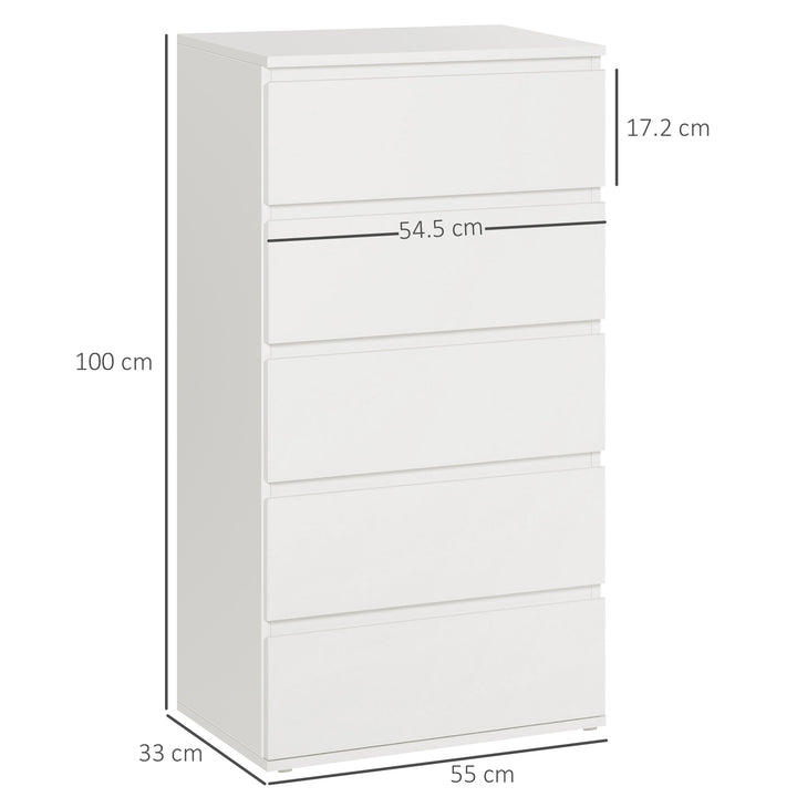 Chest of Drawers, 5 Drawers Storage Cabinet Floor Tower Cupboard for Bedroom Living Room, White