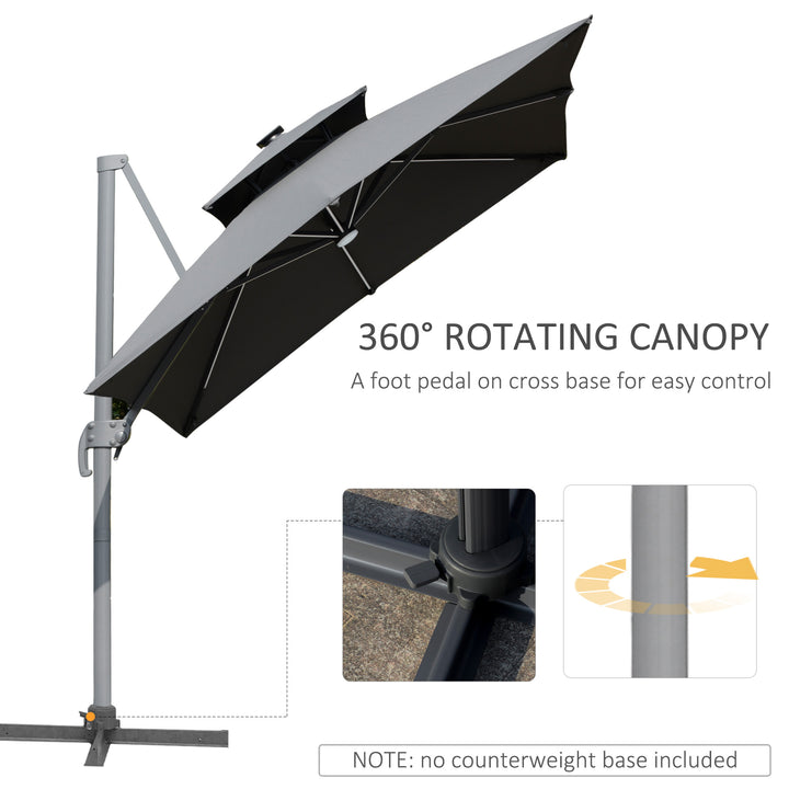 3m Cantilever Parasol, Outdoor Offset Patio Umbrella, Solar LED Lighted Hanging Sun Shade Canopy with Tilt and Crank Handle, Cross Base for Lawn, Beach and Poolside, Grey