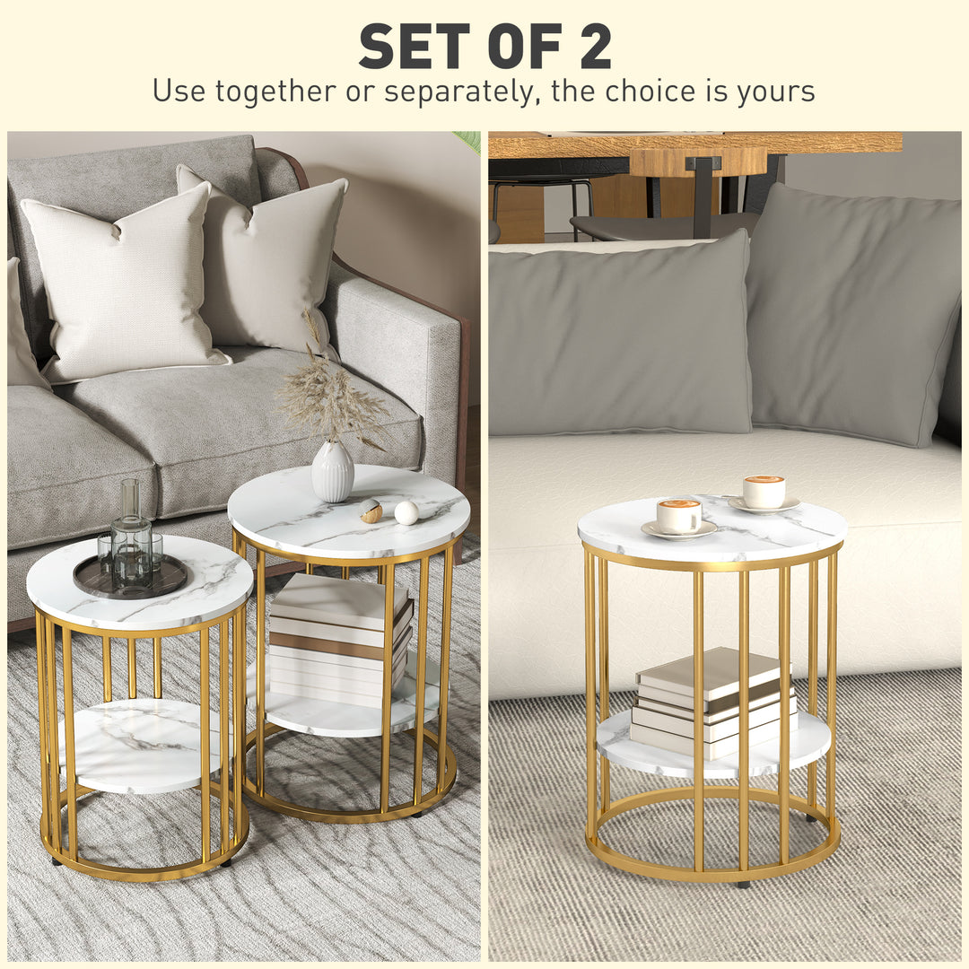 Set of Two Marble-Effect Coffee Tables - White/Gold-Tone