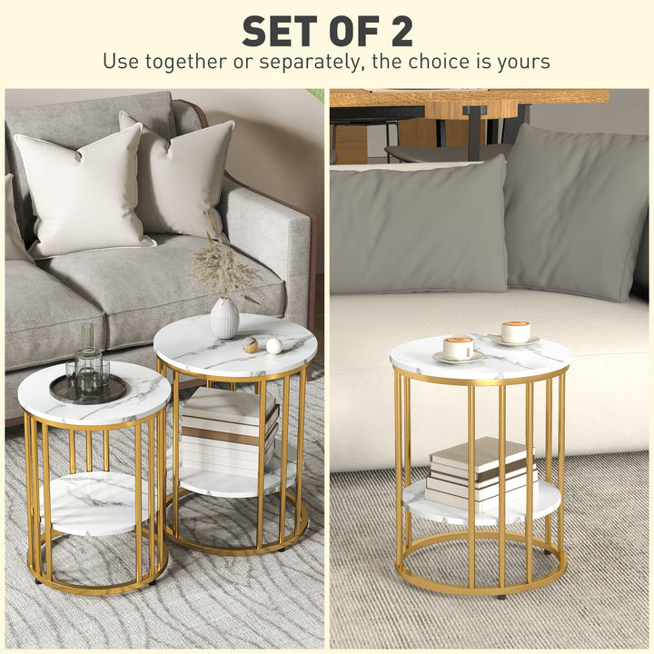 Set of Two Marble-Effect Coffee Tables - White/Gold-Tone