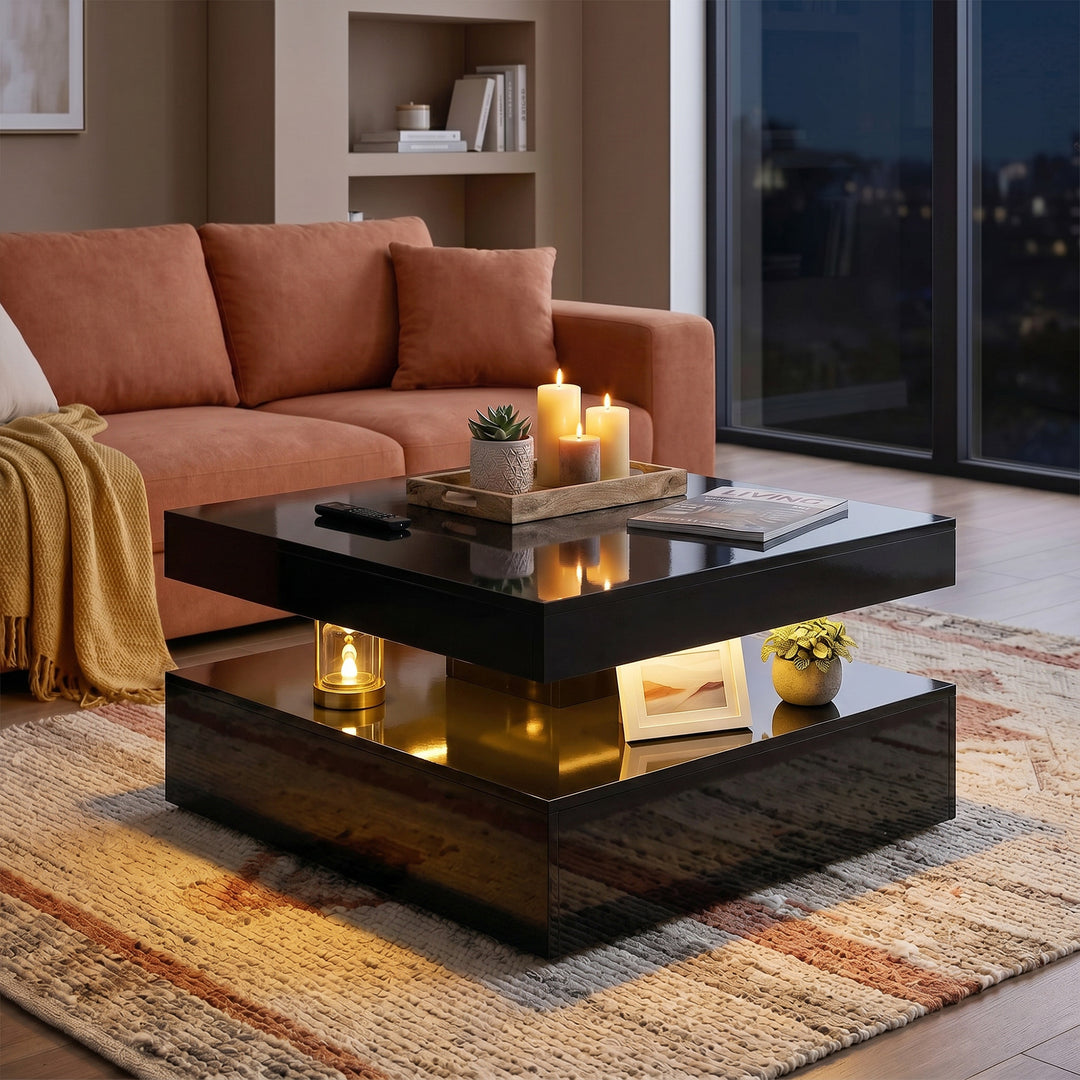LED Coffee Table with Storage, 2-Tier Modern Centre Table with Open Sh