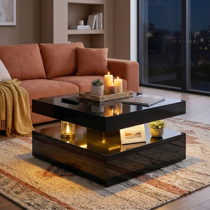 LED Coffee Table with Storage, 2-Tier Modern Centre Table with Open Sh