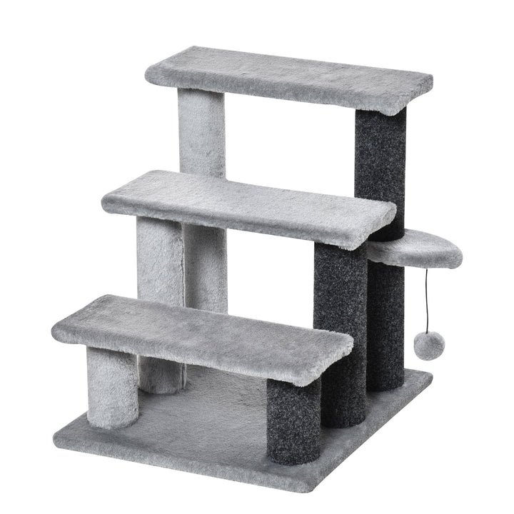 PawHut 3-step Pet Stairs with Scratching Posts, Platforms, Toy Ball, Grey