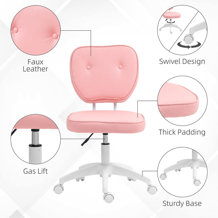 Vanity Office Chair, PU Leather Computer Chair for Home, with Adjustable Height, Armless, Swivel Wheels, Pink