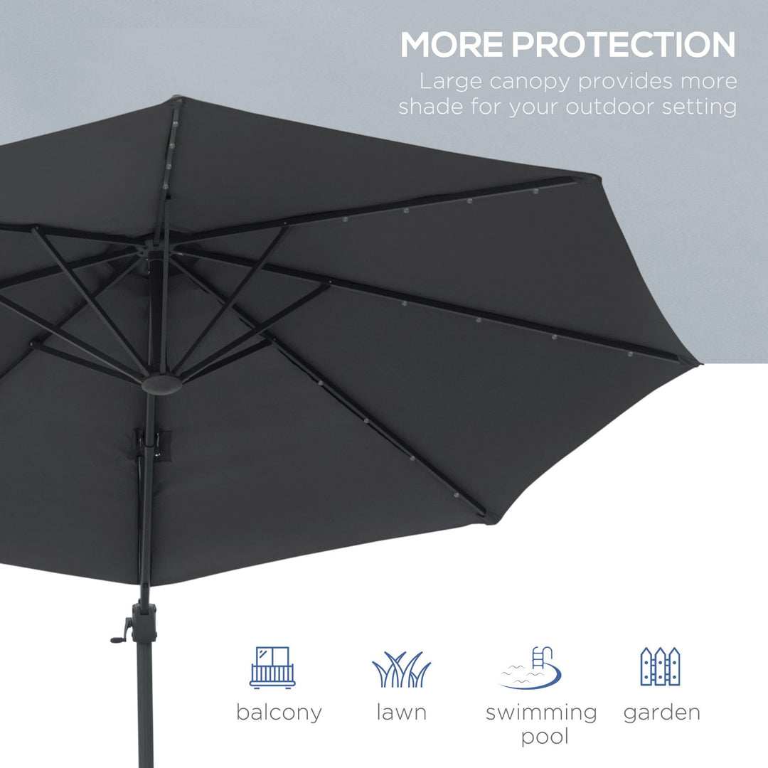 3(m) Cantilever Roma Parasol Patio Sun Umbrella with Crank & Tilt LED Solar Light Cross Base 360° Rotating Outdoor, Dark Grey