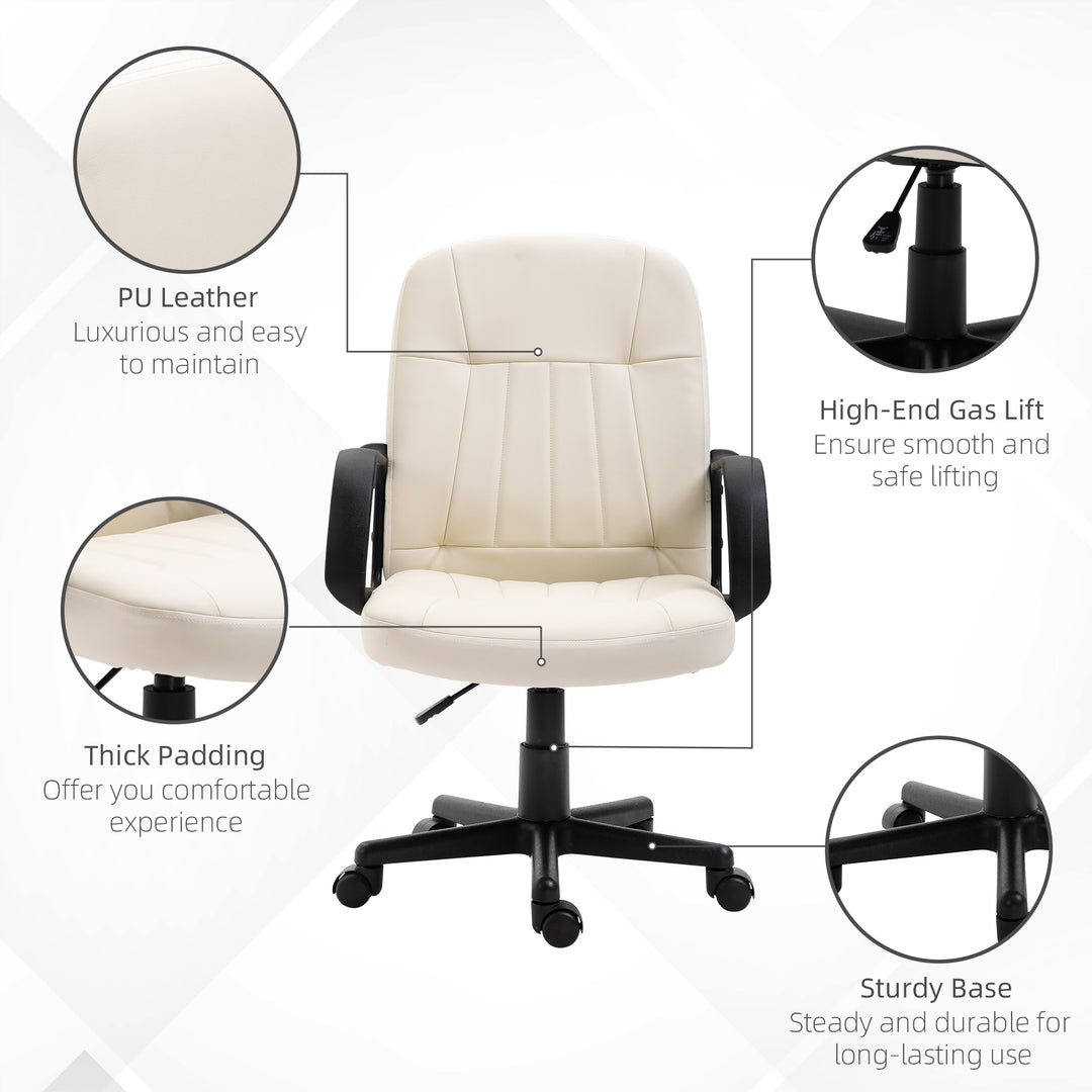 HOMCOM Swivel Executive Office Chair Home Office Mid Back PU Leather Computer Desk Chair for Adults with Arm, Wheels, Cream | Aosom UK