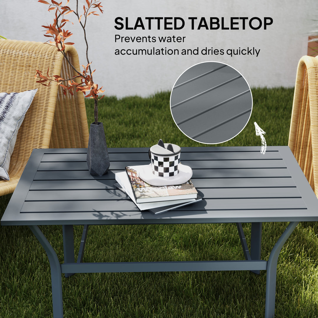 Metal Garden Coffee Table, Rectangular Outdoor Side Table with Slatted Tabletop, Foot Pads for Outside, Garden, Balcony, Porch, 91.5 x 55 x 45cm, Dark Grey