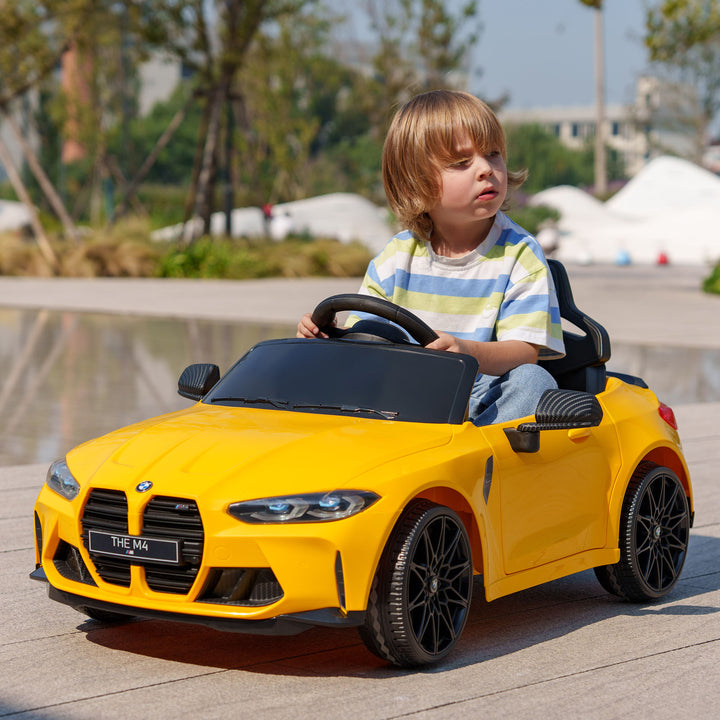 AIYAPLAY 12V BMW M4 Licensed Kids Car with Easy Transport, Remote Control, Suspension, Music, Horn, LED Lights - Yellow