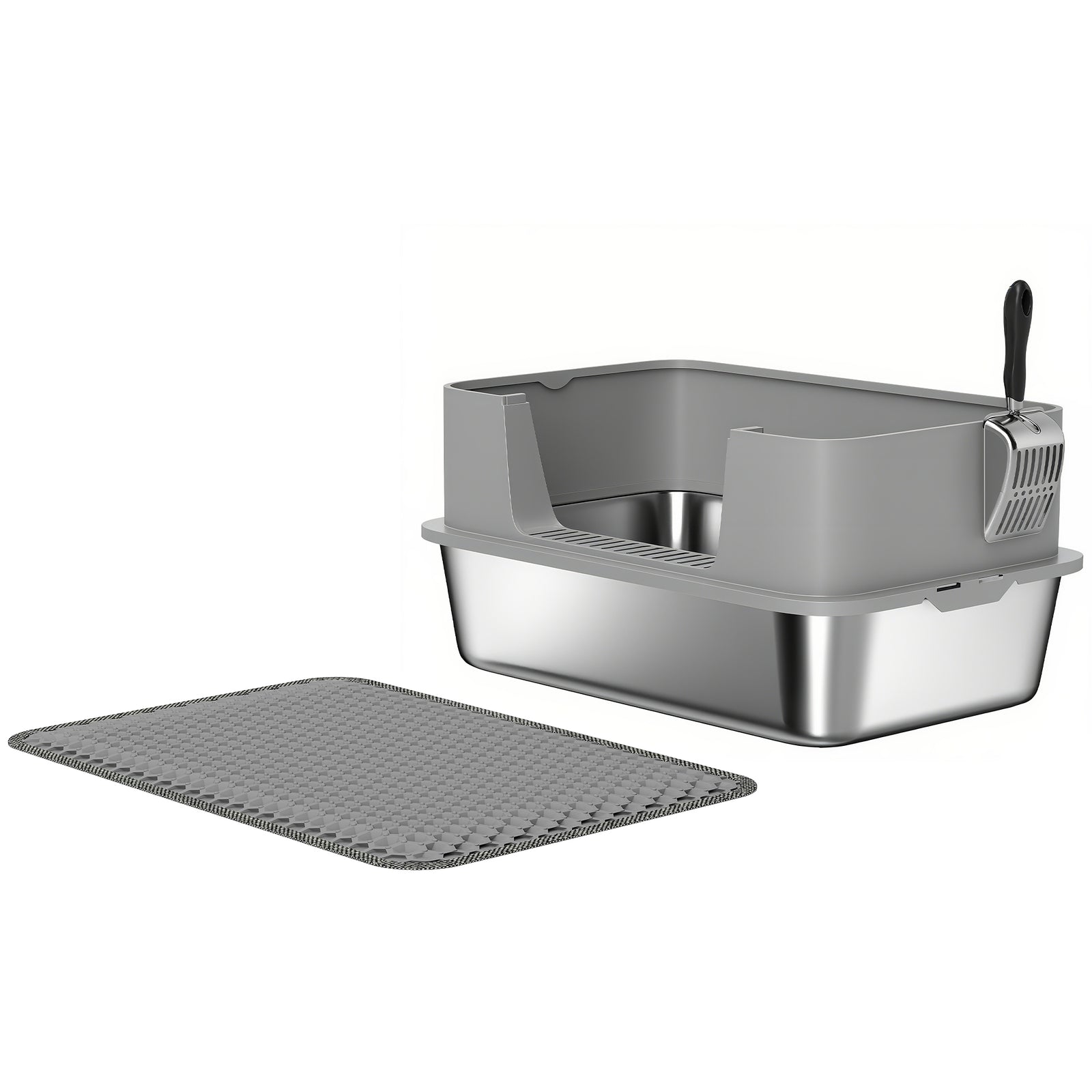 High Sided Stainless Steel Litter Box, Metal Cat Litter Tray with Metal Scoop, Litter Mat, Never Absorbs Odors, Grey