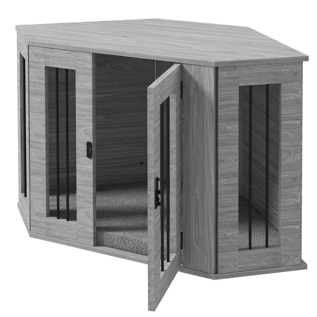 2 in 1 Dog Crate Furniture Side Table, with Cushion, 104 x 55 x 63cm - Grey