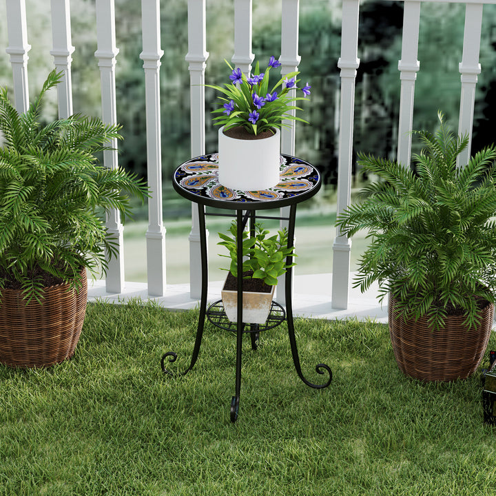 Mosaic Garden Table, 35.5 cm Round Outdoor Table with Shelf, Ceramic Tile Top, Small Garden Side Table Bistro Table End Table Plant Stand for Indoor, Patio, Balcony, Orange