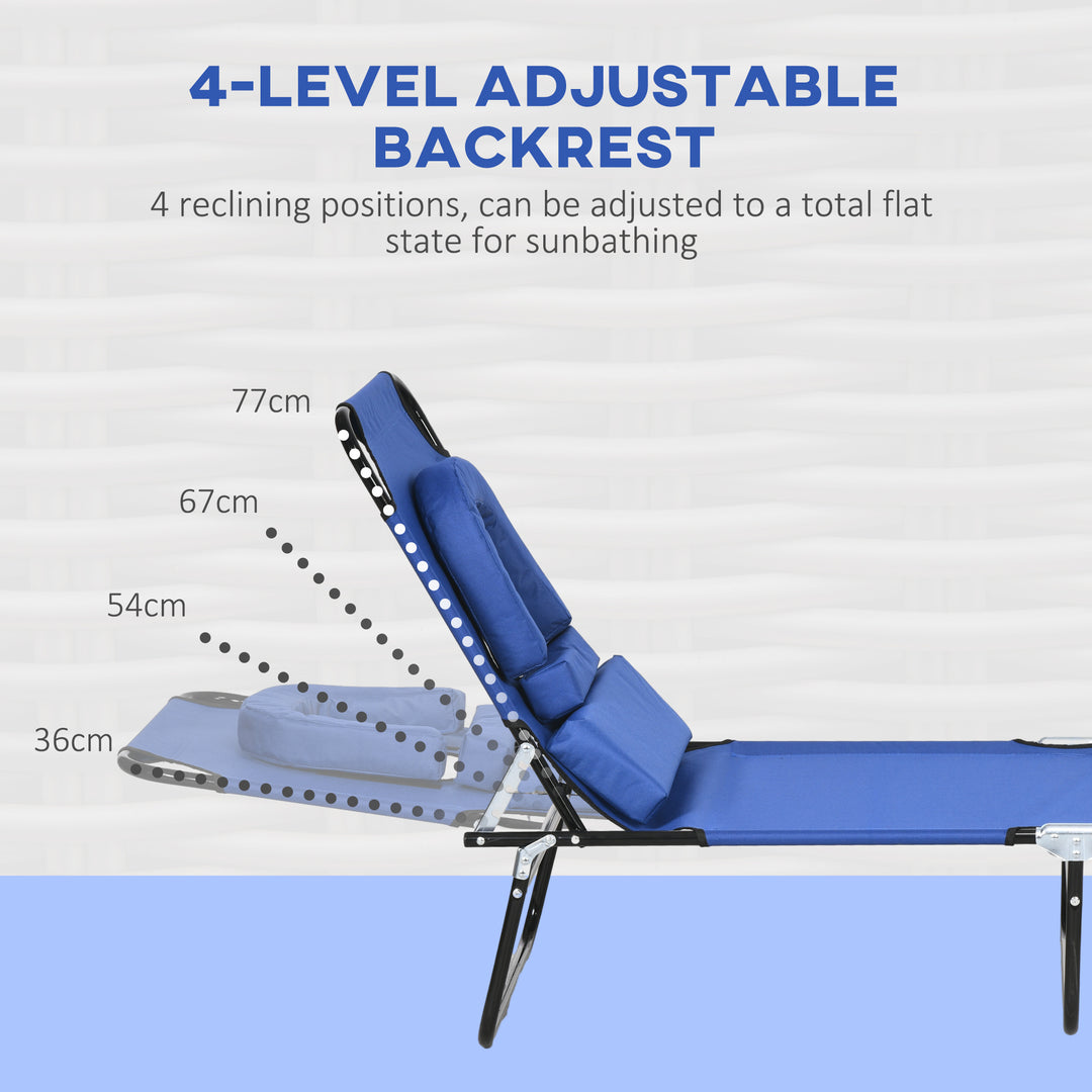 Outdoor Folding Sun Lounger Set of 2 with Face Hole, 4 Level Adjustable Backrest Reclining Garden Lounger, Garden Recliner Sunbed with 600 D Oxford Cloth Seat and Pillow for Beach, Blue