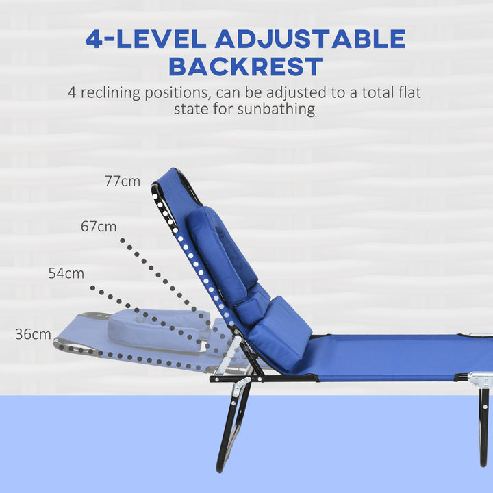 Outdoor Folding Sun Lounger Set of 2 with Face Hole, 4 Level Adjustable Backrest Reclining Garden Lounger, Garden Recliner Sunbed with 600 D Oxford Cloth Seat and Pillow for Beach, Blue