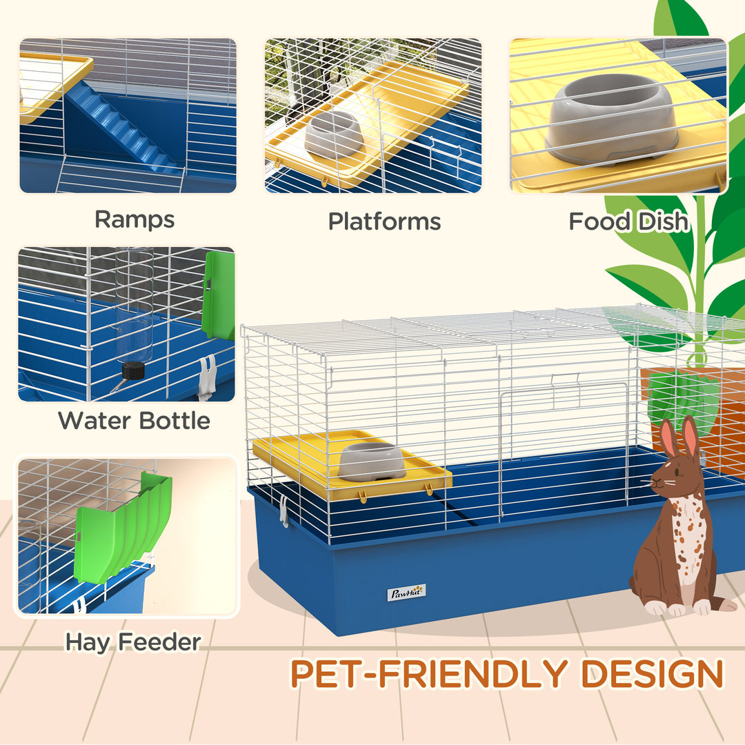 PawHut Chinchillas Small Rabbit Guinea Pig Small Animal Cage, Pet Playhouse, with Platform, Ramp, 99 x 52 x 53cm, Blue | Aosom UK