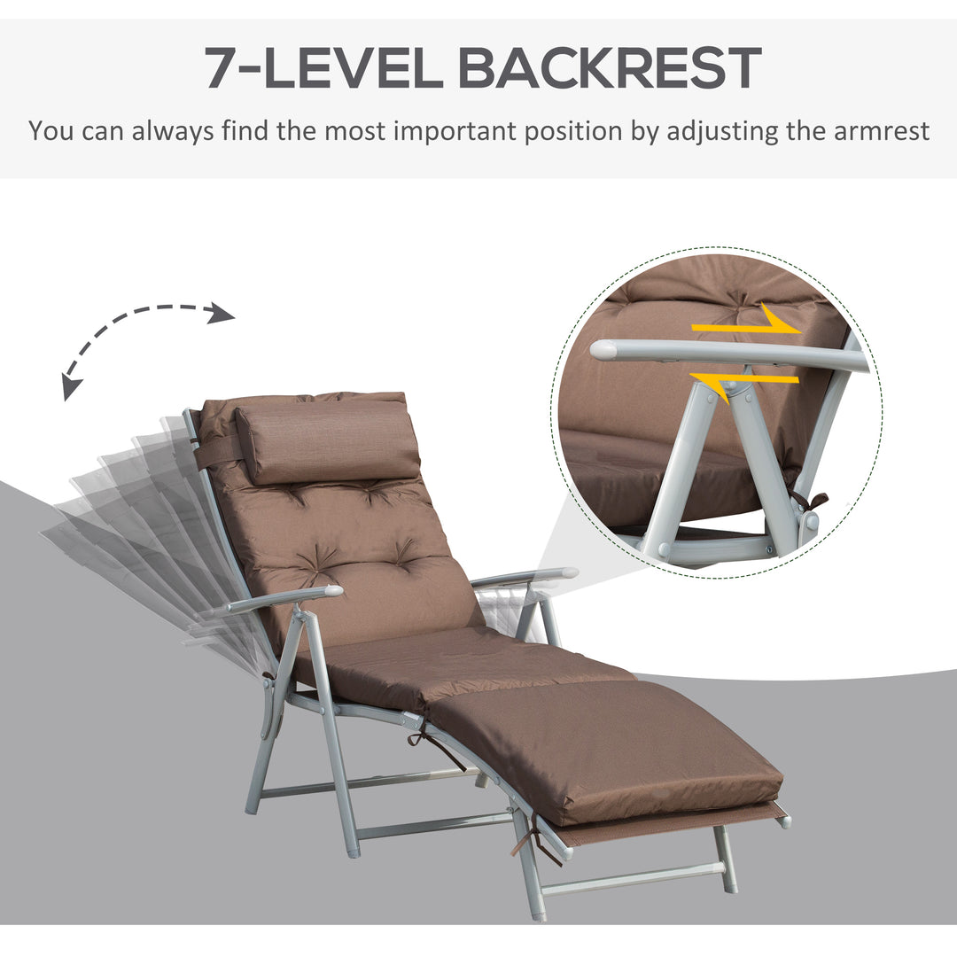 Sun Lounger Steel Frame Outdoor Folding Chaise Texteline Lounge Chair Recliner with Headrest & 7 Levels Adjustable Backrest, Brown