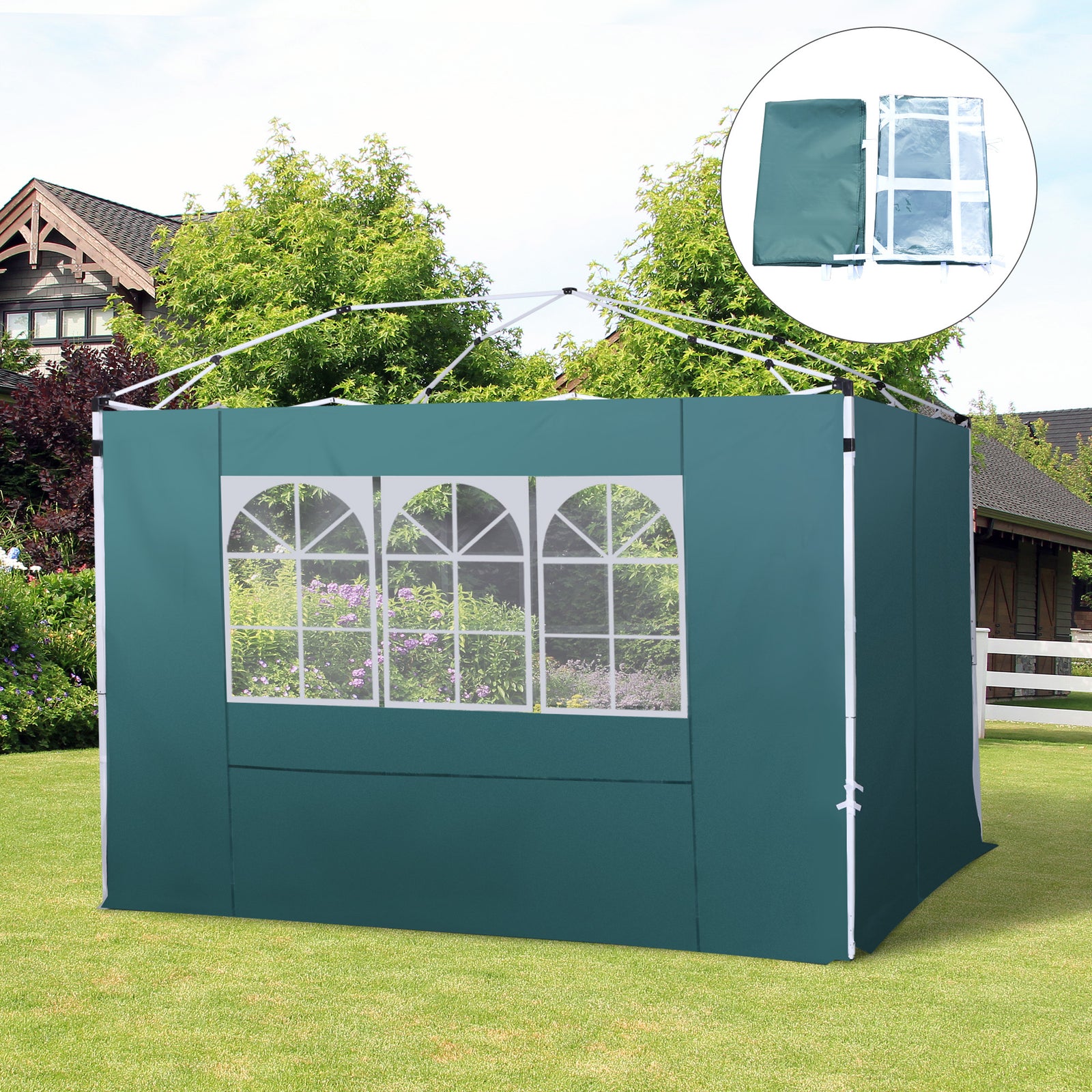 3 Meters Gazebo Replaceable Exchangeable Side Panel Wall Panels Walls With Window, Dark Green