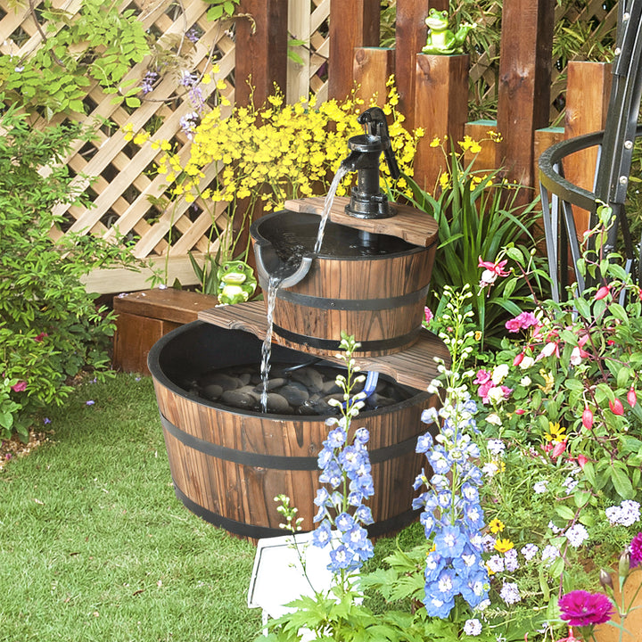 Outsunny Wooden Water Pump Fountain Cascading Feature Barrel Garden Deck (2 Tier) | Aosom UK