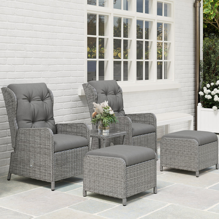 5 Pieces Rattan Bistro Set with Adjustable Back, Reclining Wicker Balcony Furniture with Cushions, Glass Top Coffee Table and Footstools, Outdoor Table and Chairs, Light Grey