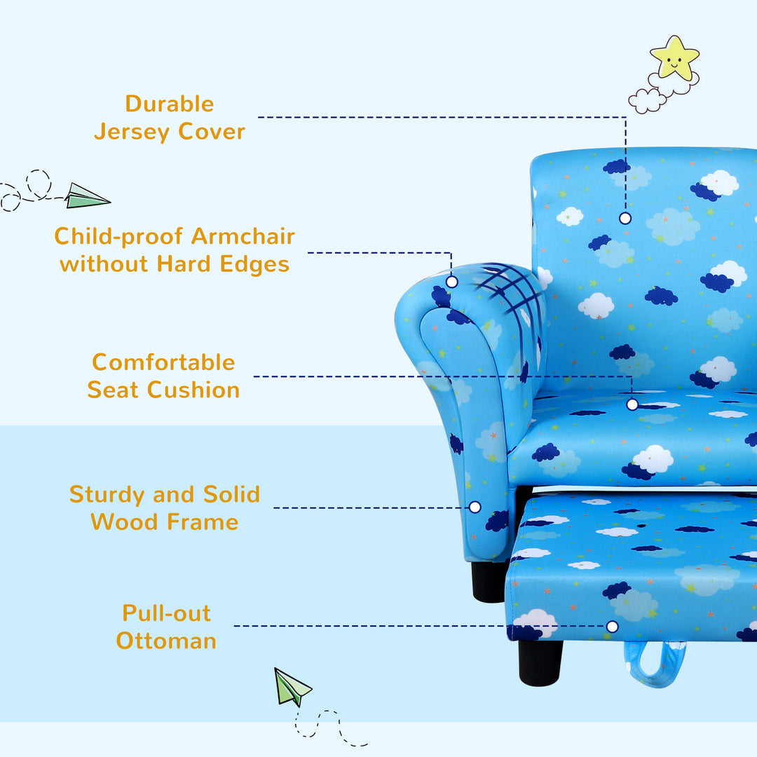 HOMCOM Childrens Sofa Mini Sofa Wood Frame w/ Footrest Anti-Slip Legs High Back Arms Bedroom Playroom Furniture Cute Cloud Star Blue | Aosom UK