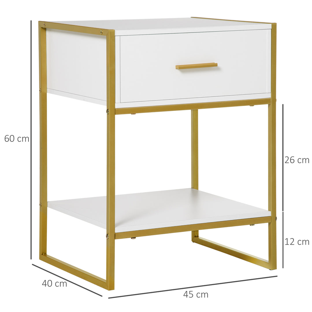 HOMCOM Contemporary Bedside Cabinet with Drawer and Shelf, Chic Storage Organiser for Bedroom or Living Room, White and Gold