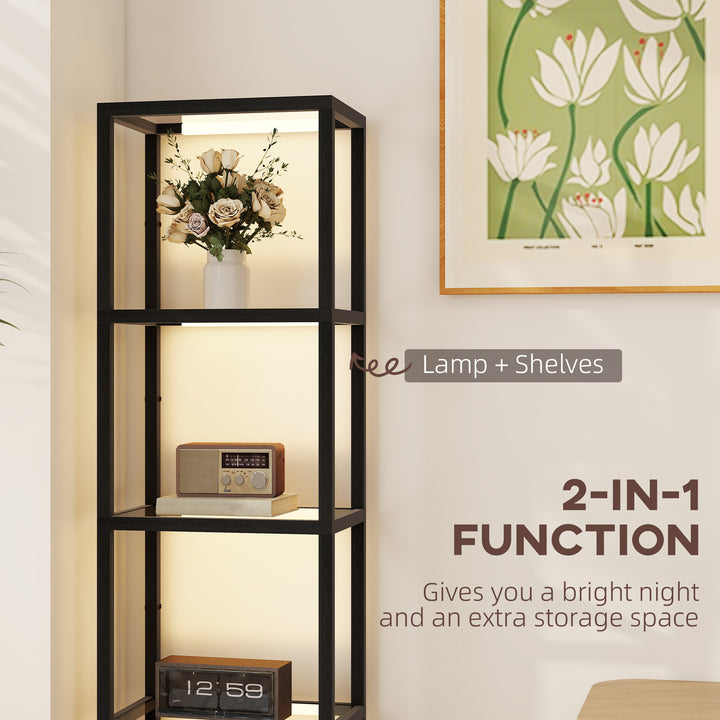 LED Floor Lamp with Glass Shelves, 4 Layers Dimmable Tall Standing Lamp, Modern Column Shelf Floor Light for Living Room, Bedroom, Office, Black