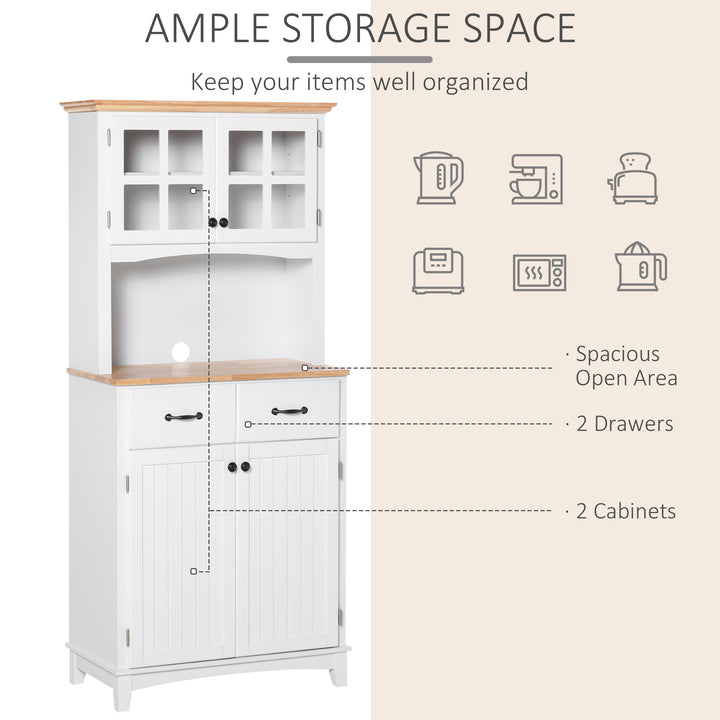 HOMCOM Freestanding Kitchen Cupboard, Kitchen Storage Cabinet with Framed Glass Doors, 2 Drawers, Microwave Counter, White