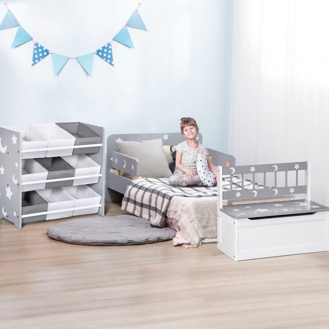 ZONEKIZ 3PCs Kids Furniture Bedroom Set with Bed, Toy Box Bench, Storage Unit with Baskets, Star and Moon Patterns, for 3-6 Years Old Boys Girls, Grey