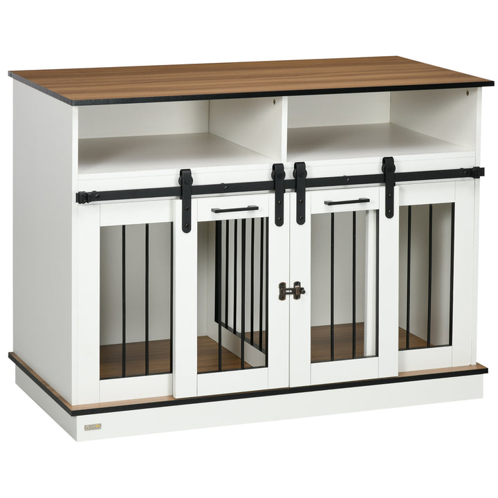 PawHut Dog Crate Furniture for Small & Large Dogs with Movable Divider, Dog Cage End Table with Shelves, Sliding Doors, 120 x 60 x 88.5 cm, White