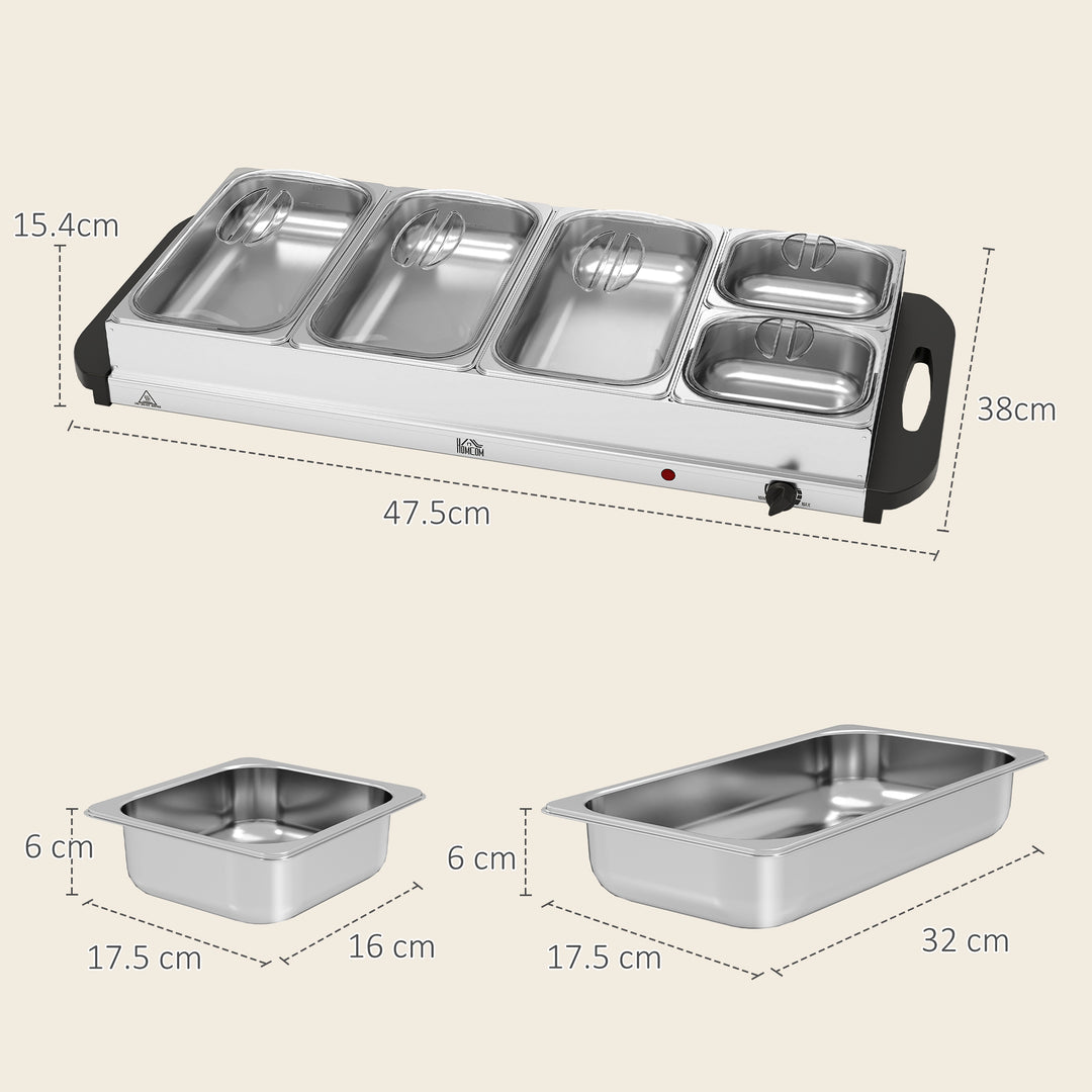 Electric Food Warmer 5 Tray, 9.2L Portable Buffet Server and Warming Tray with Lids, Adjustable Temperature Control and Cool Touch Handles, 450W, 3 x 2.4L and 2 x 1L, Silver Tone