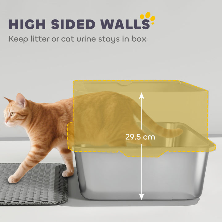 High Sided Stainless Steel Litter Box, Metal Cat Litter Tray with Metal Scoop, Litter Mat, Never Absorbs Odors, Grey