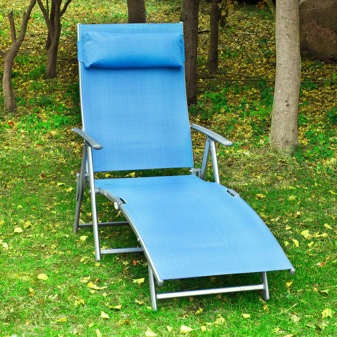 Outsunny Sun Lounger Steel Frame Outdoor Folding Chaise Texteline Lounge Chair Recliner with Headrest & 7 Levels Adjustable Backrest, Blue | Aosom UK