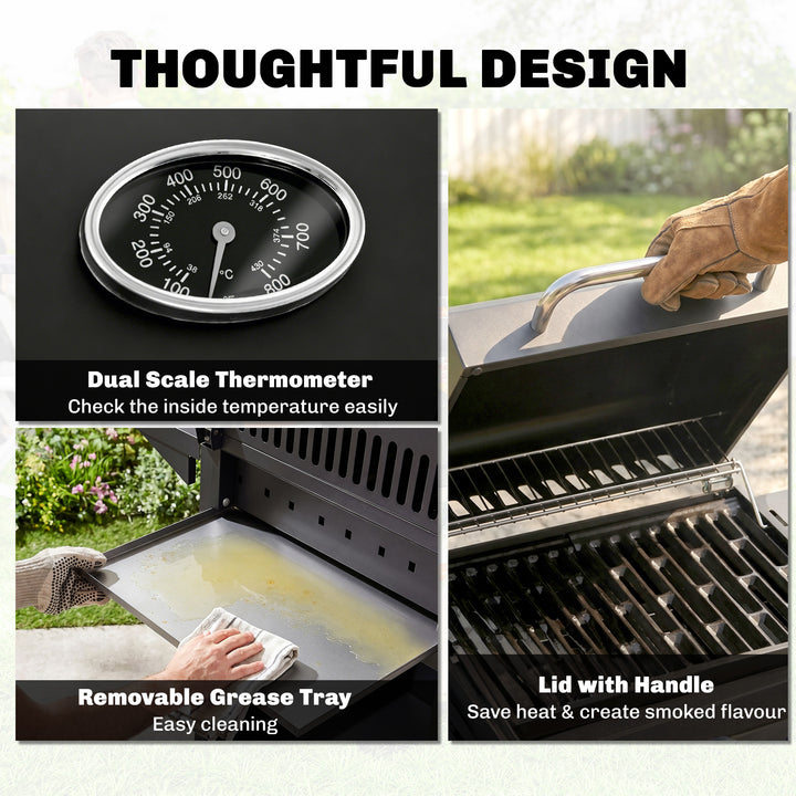 3+1 Burner Gas BBQ Grill, Outdoor Barbecue Trolley with Wheels, Warmin