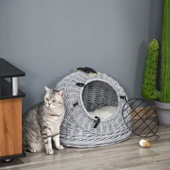 PawHut Wicker Cat Carrier, Portable Pet Basket with Cushion and Handle, Travel Cage for Cats and Kittens, Grey, 50 x 40 x 40 cm | Aosom UK