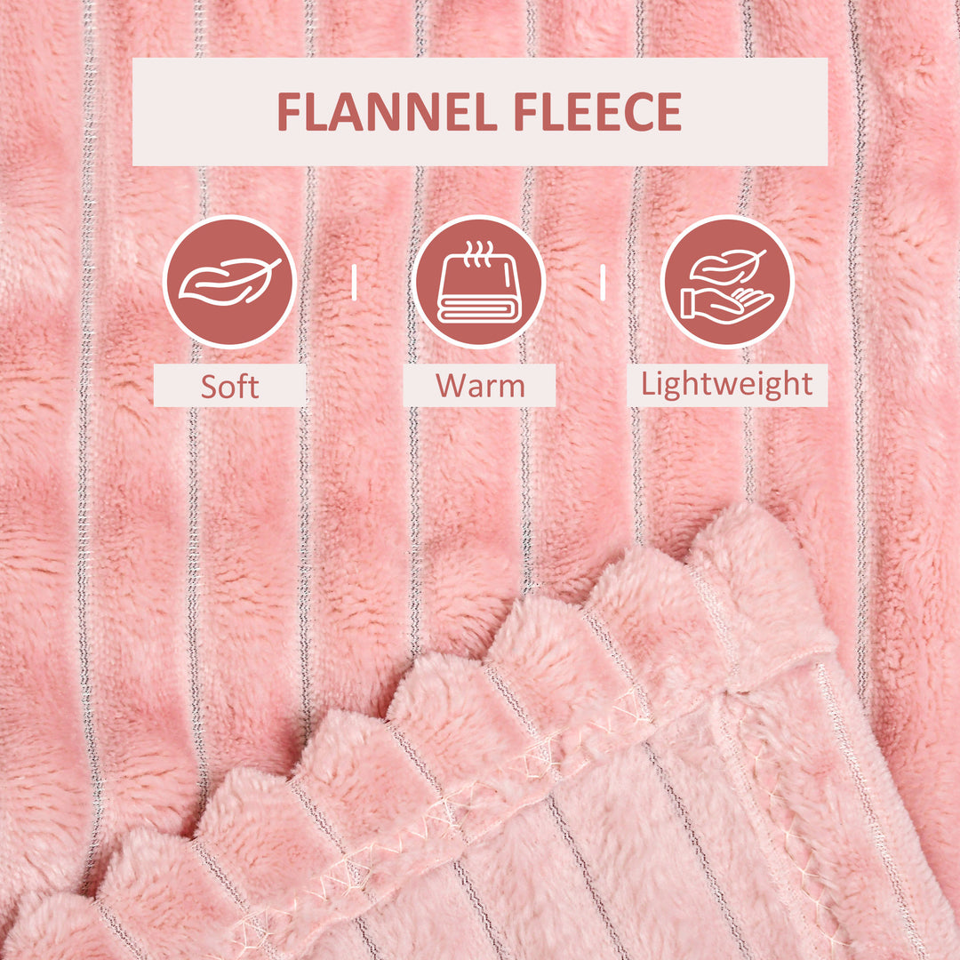 HOMCOM Flannel Fleece Throw Blanket, Fluffy Warm Throw Blanket, Striped Reversible Travel Bedspread, Single Size, 152 x 128cm, Pink