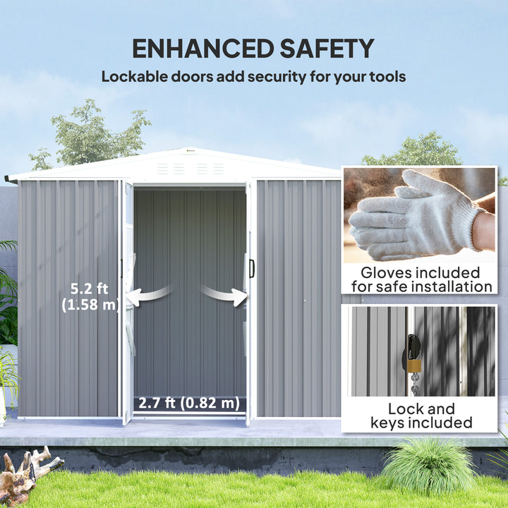 8 x 4 ft Metal Garden Shed, Garden Storage Shed with Window, 4 Vents and Lockable Door, Waterproof Galvanised Steel Tool Storage Shed, Light Grey