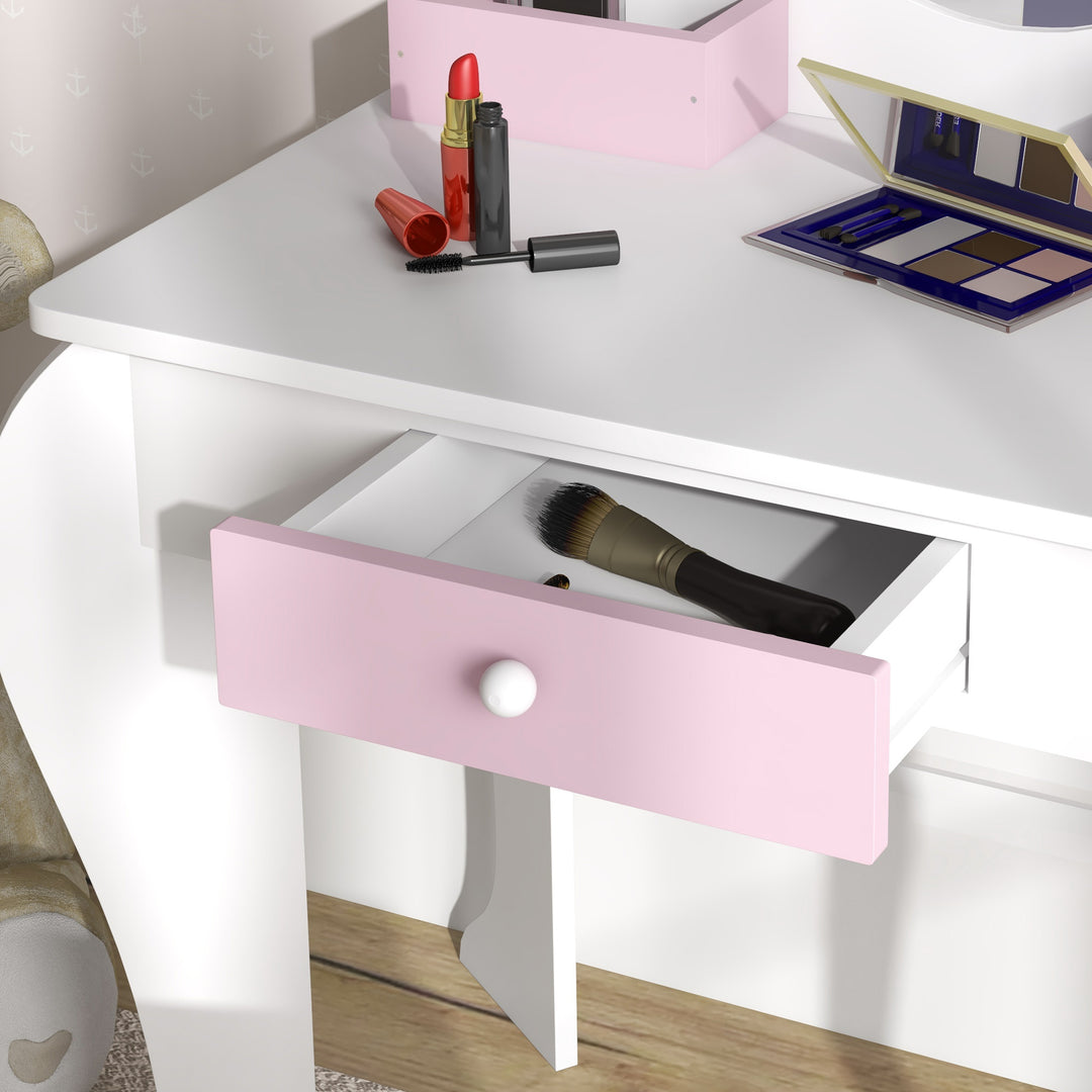 ZONEKIZ Kids Dressing Table, Unicorn Design with Mirror & Stool, Creative Play, White | Aosom UK