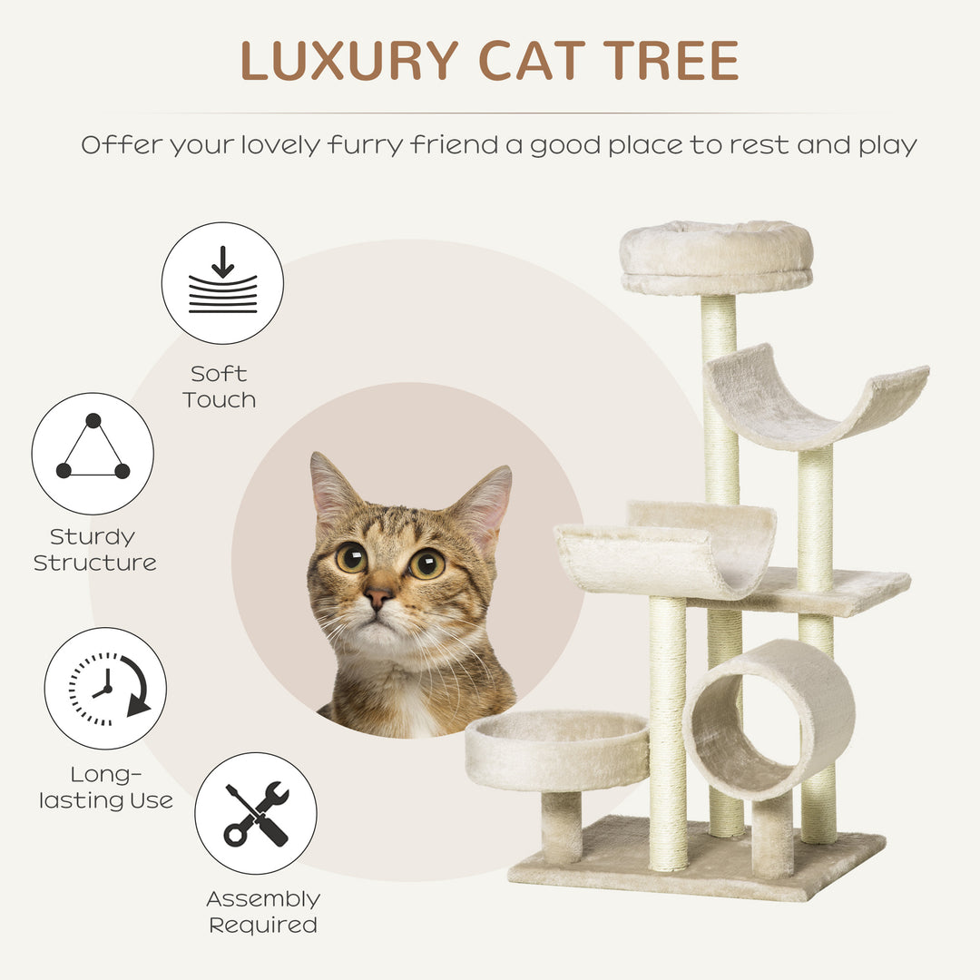 MCL Cat Tree for Indoor Cats Kitten Pet Scratching Post Perch Activity Center Scratcher Climb Post Play House Arch with Tunnel 105cm Tall Beige