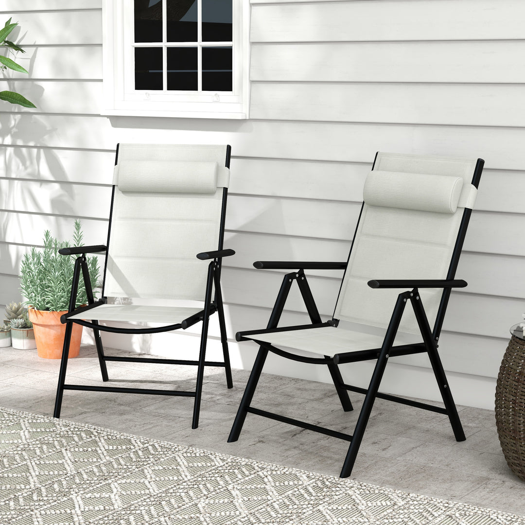 Outsunny Set of 2 Patio Folding Chairs w/ Adjustable Back, Garden Dining Chairs w/ Breathable Mesh Fabric Padded Seat, Headrest, Light Grey | Aosom UK