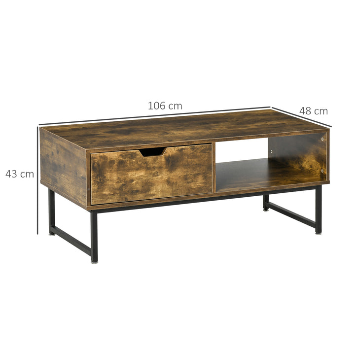 HOMCOM Industrial Coffee Table, Wooden Sofa Table with Storage Shelf and Drawer, Metal Frame, Rustic Brown, 106W x 48D x 43H cm | Aosom UK