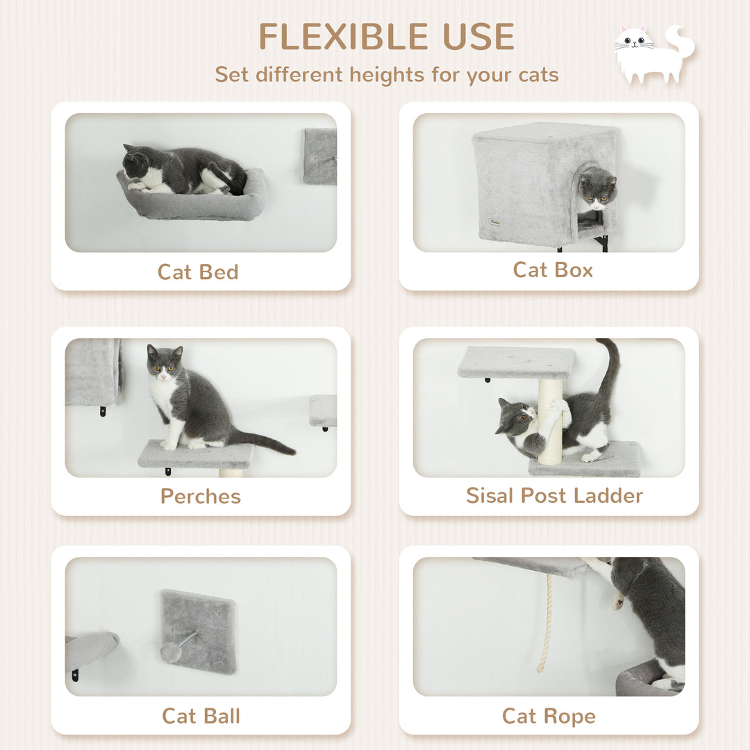 6-Piece Cat Wall Shelves Set with Condo, Cat Wall Furniture with Platforms, Sisal Scratching Post, Bed, Toy Ball, Grey