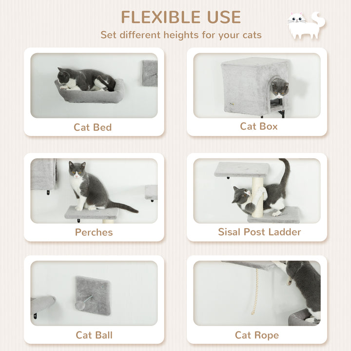 6-Piece Cat Wall Shelves Set with Condo, Cat Wall Furniture with Platforms, Sisal Scratching Post, Bed, Toy Ball, Grey