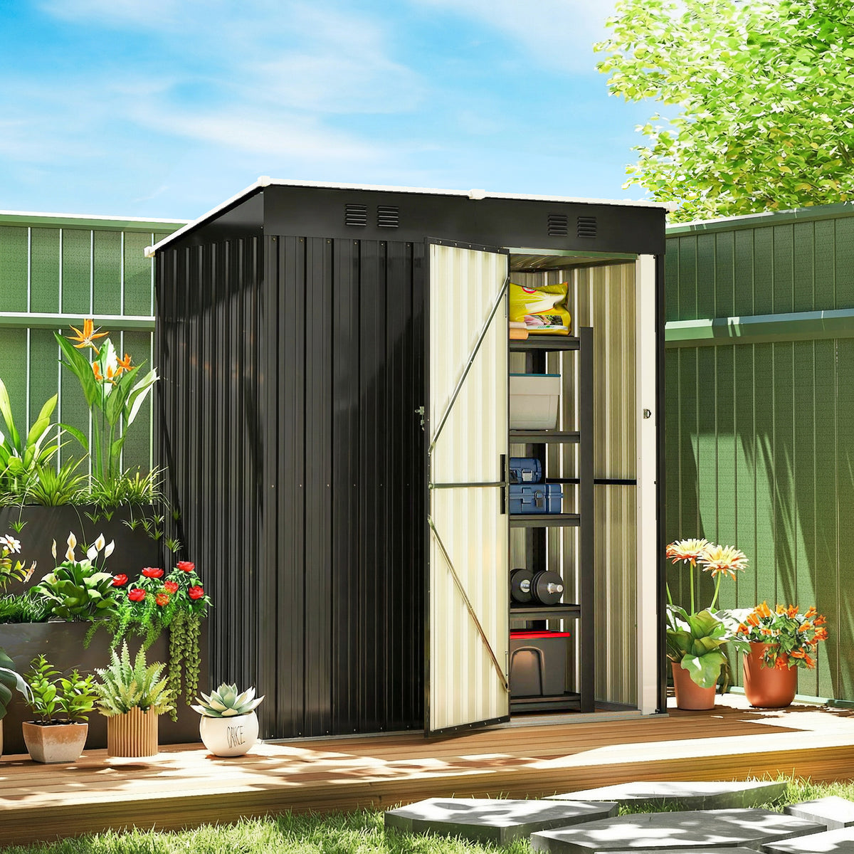 5 x 3 ft Lean-to Garden Shed, Outdoor Storage Shed with Lockable Door 